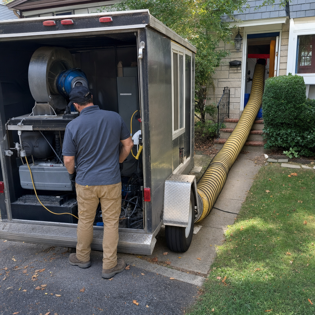 Technician using professional air duct cleaning equipment with suction hose.