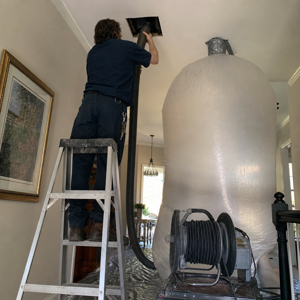 Technician performing professional residential air duct cleaning service with vacuum equipment