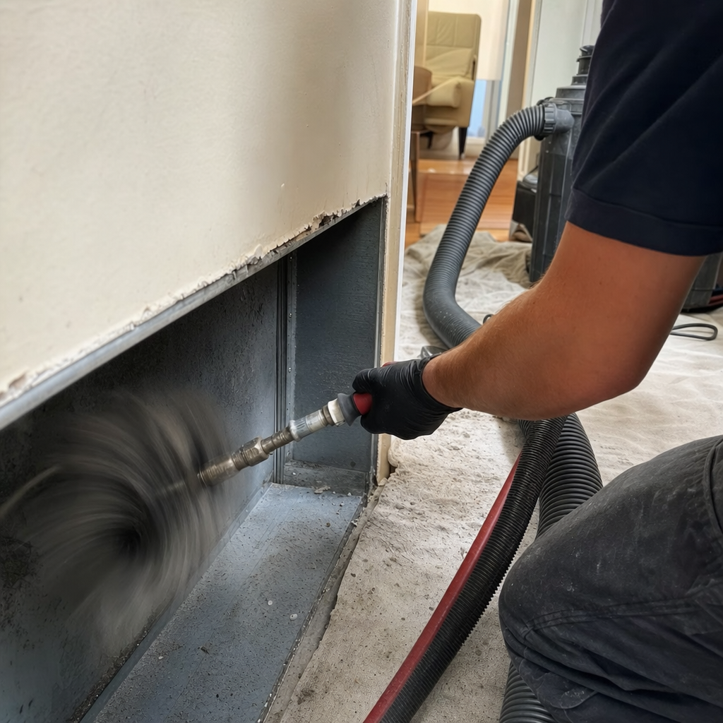 Technician using a rotating brush for professional air duct cleaning service