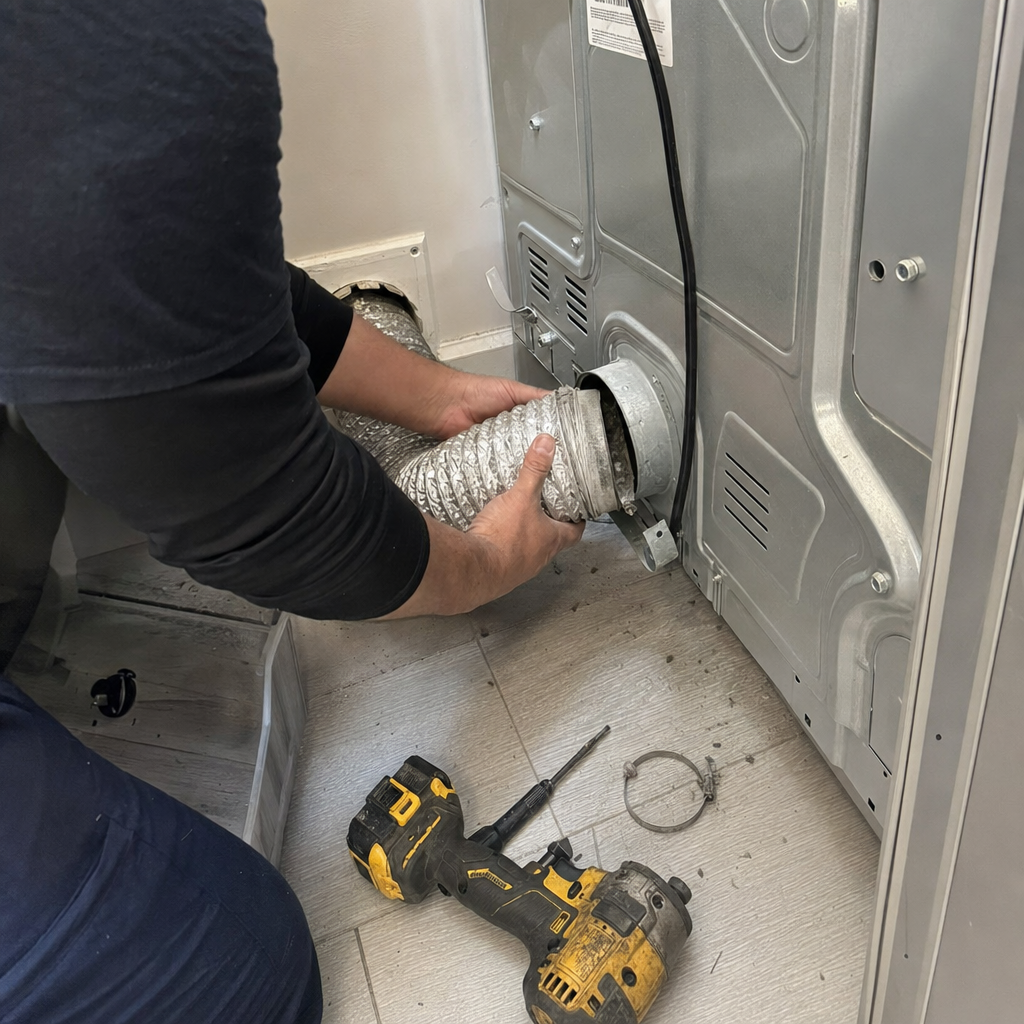 Technician attaching a silver dryer vent hose to a clothes dryer