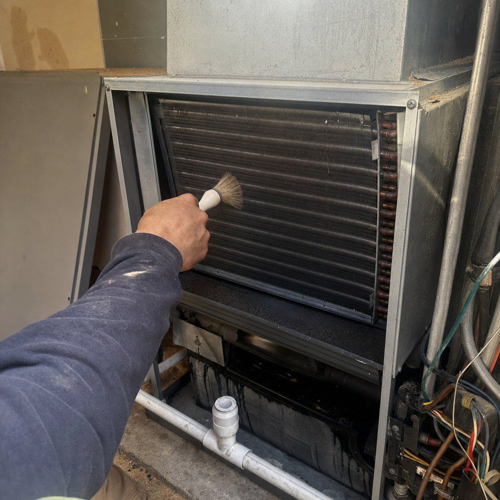 HVAC technician cleaning dusty air conditioning cooling coils with a brush