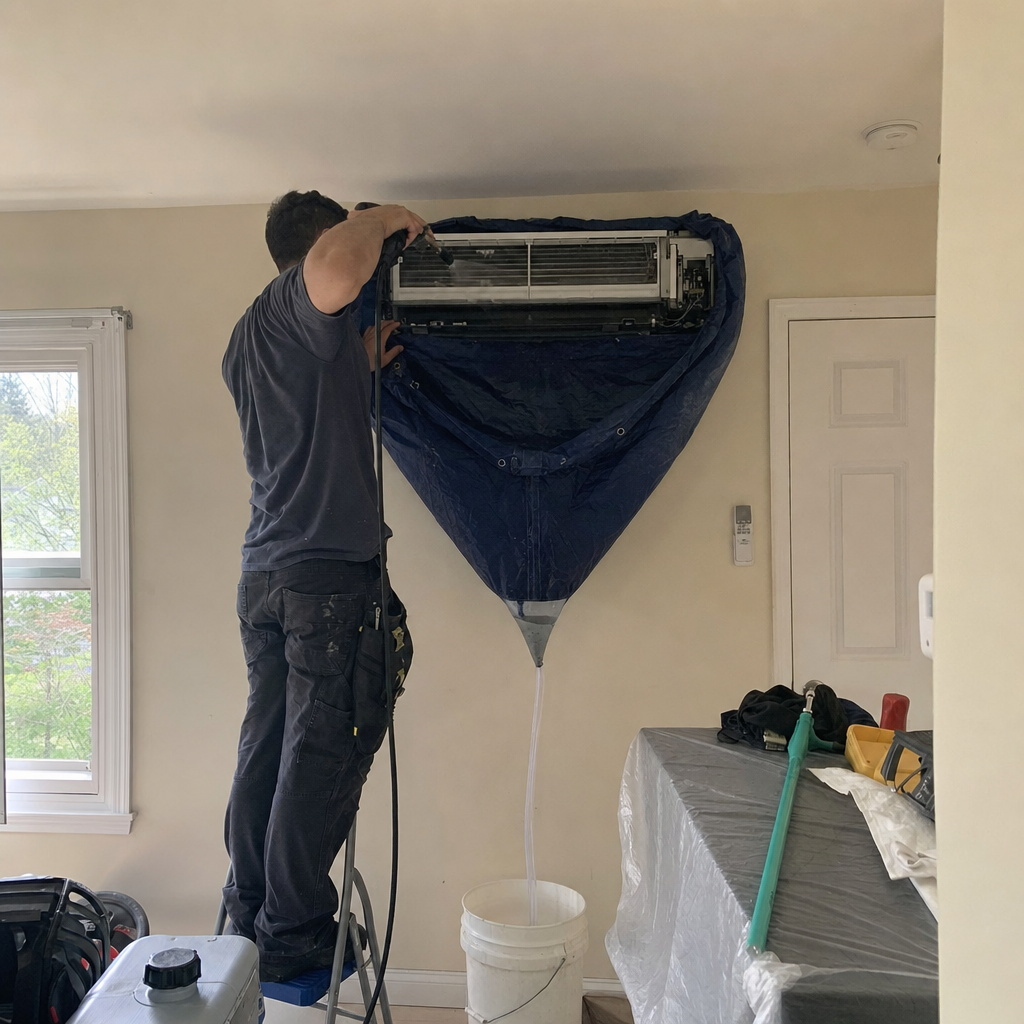 Technician performing professional deep cleaning on a wall-mounted mini-split HVAC system