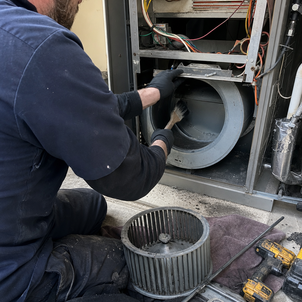 Technician performing professional HVAC system maintenance and air duct cleaning service