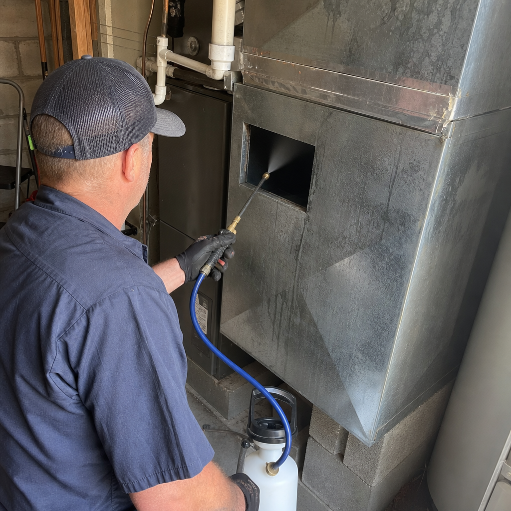 HVAC technician performing professional air duct sanitizing service with spray equipment in Adelphi, MD