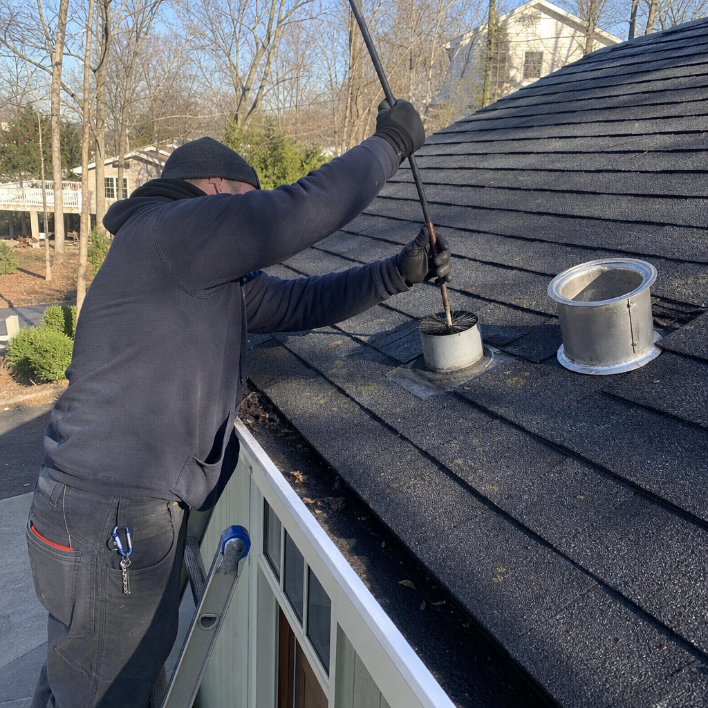 Professional technician performing dryer vent cleaning on a residential roof. in Adelphi, MD