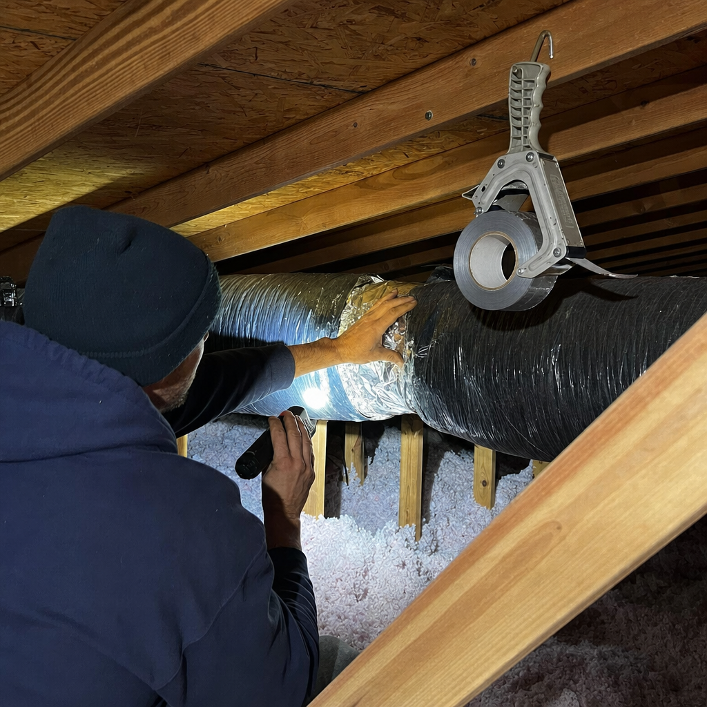 Technician performing professional HVAC air duct repair and sealing in attic in Friendly, MD