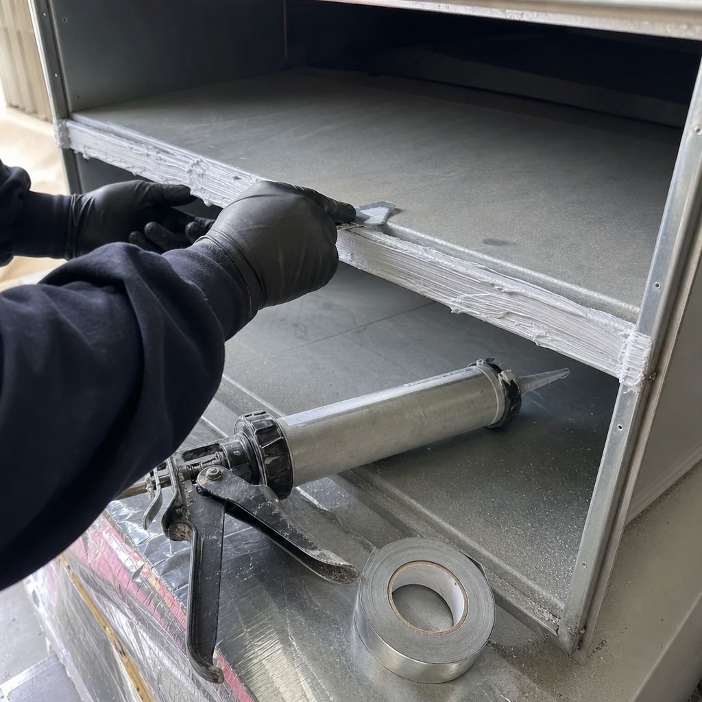 Technician performing professional HVAC duct sealing and repair with mastic sealant in Friendly, MD